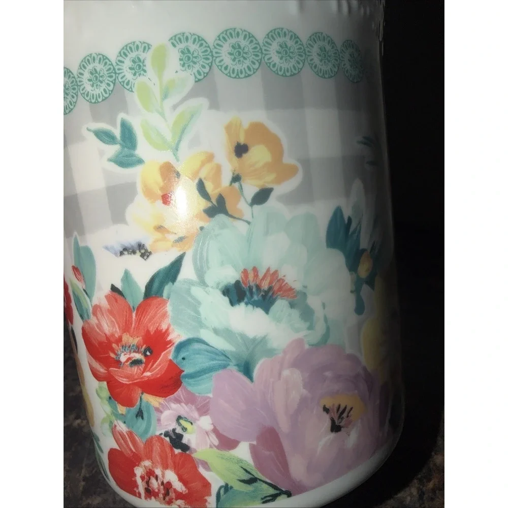 Pioneer Woman Utensil Holder Floral Gray Plaid